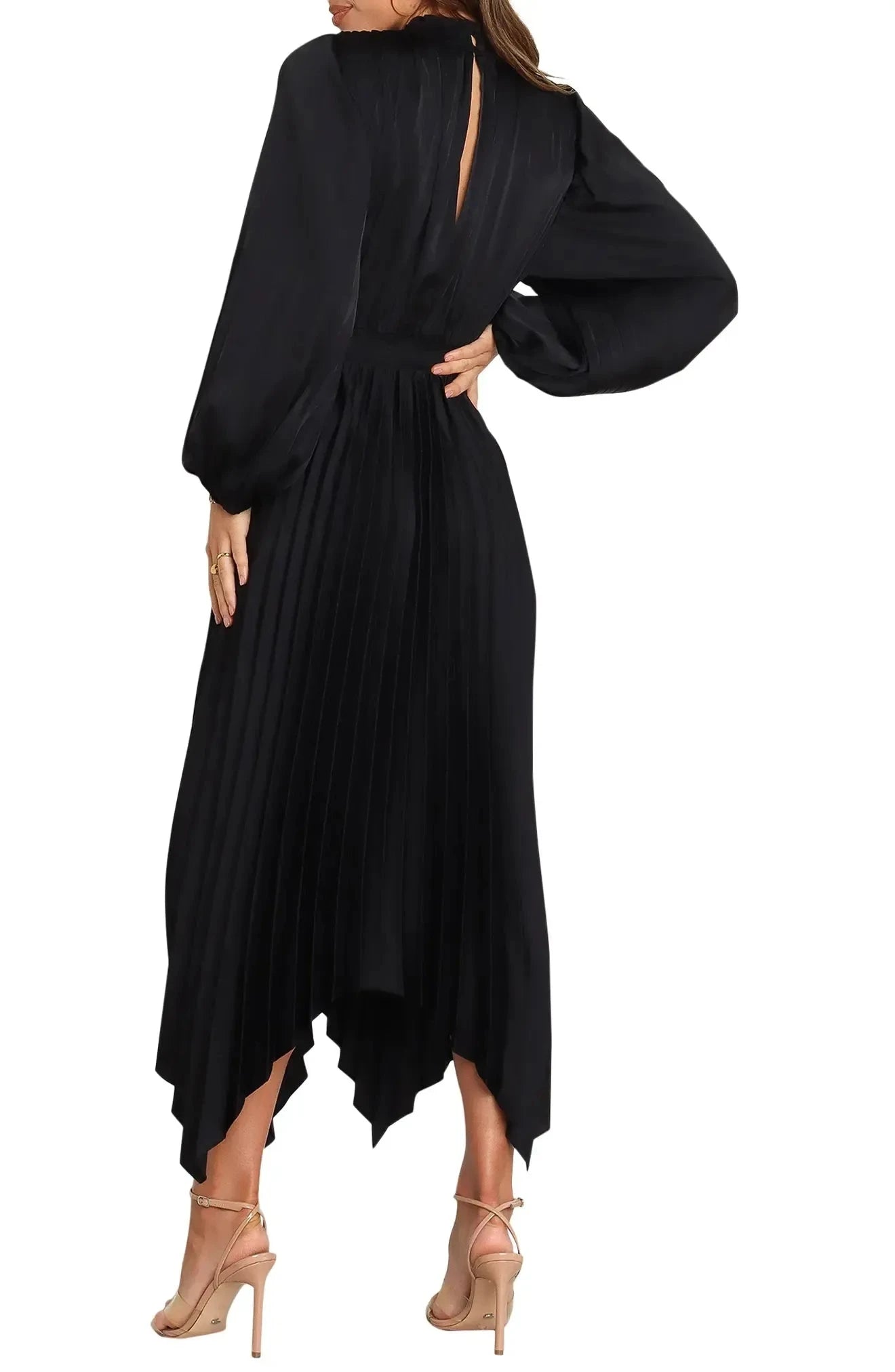Pleated Flowy Keyhole Neck Puff Sleeve Cutout Back High Low Length For Sale Evening Dress by YiHuiw