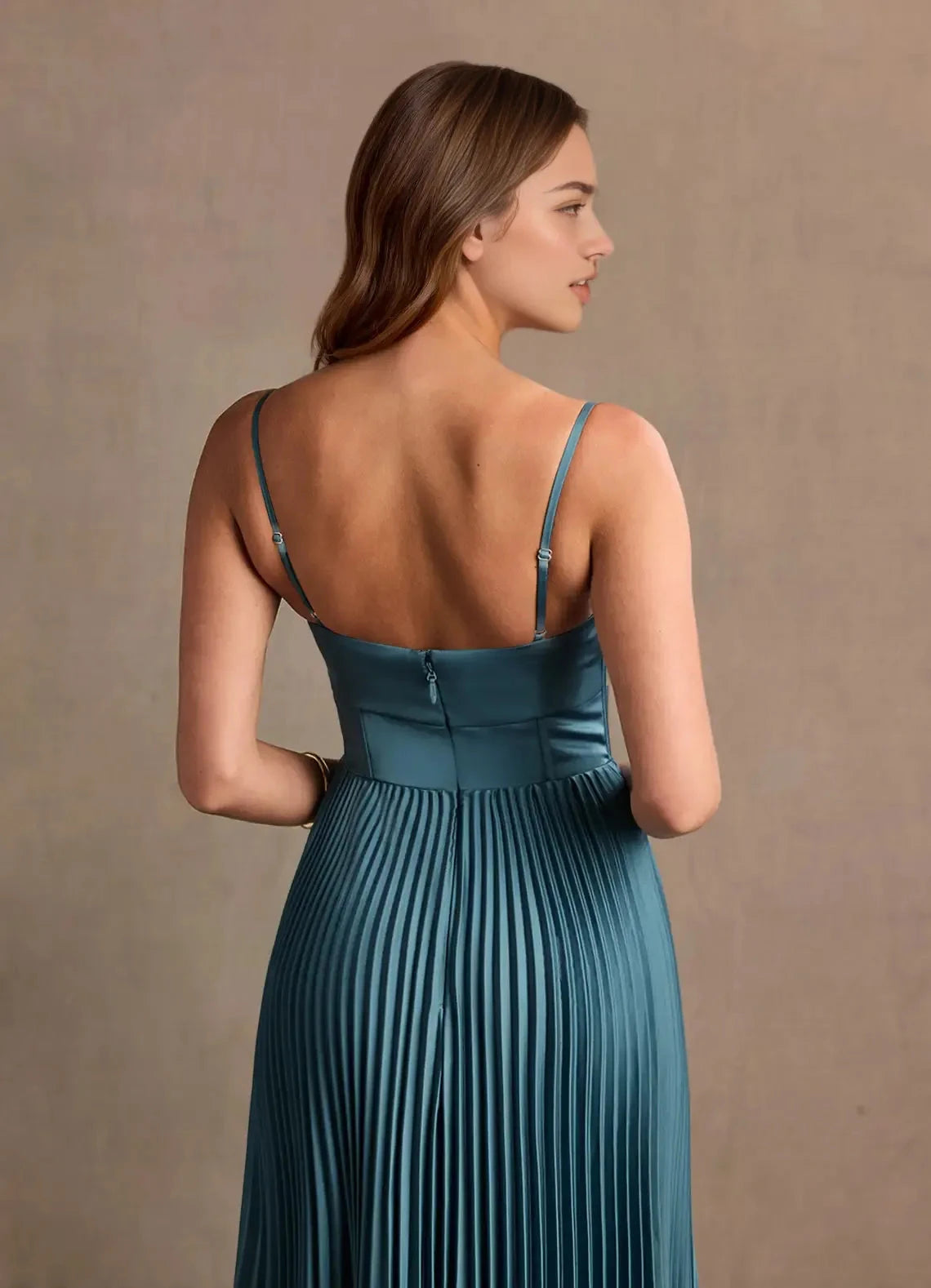 Pleated Mermaid Sweetheart Neck Spaghetti Strap Open Back High Slit Floor Length For Women Evening Dress by YiHuiw