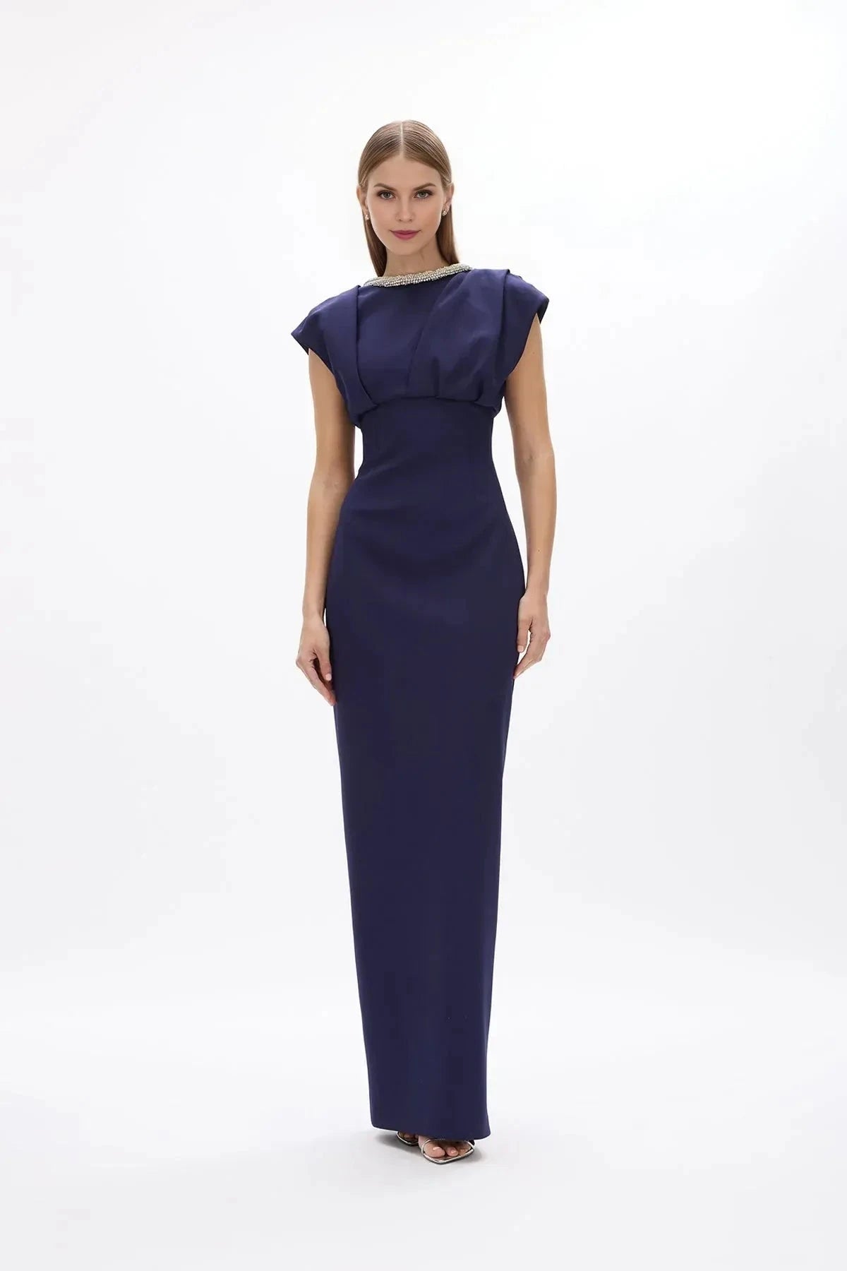 Pleated Sheath Crew Neck Cap Sleeve V Back High Slit Floor Length Female Prom Dress by YiHuiw