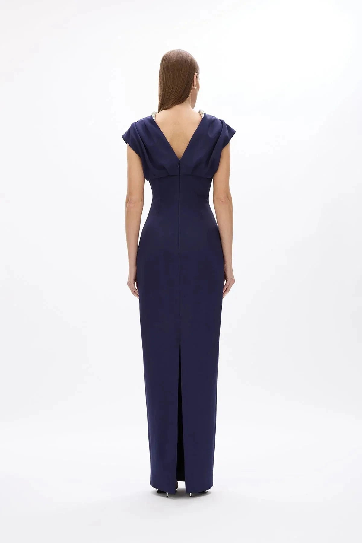 Pleated Sheath Crew Neck Cap Sleeve V Back High Slit Floor Length Female Prom Dress by YiHuiw