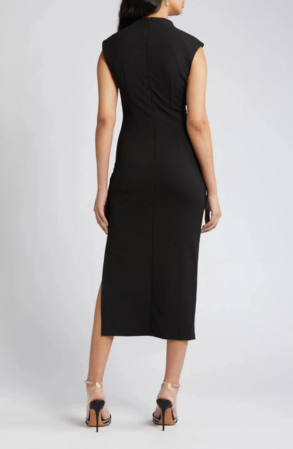 Pleated Sheath Mock Neck Cap Sleeve Zipper Back Asymmetrical Midi Length For Adults Evening Dress by YiHuiw