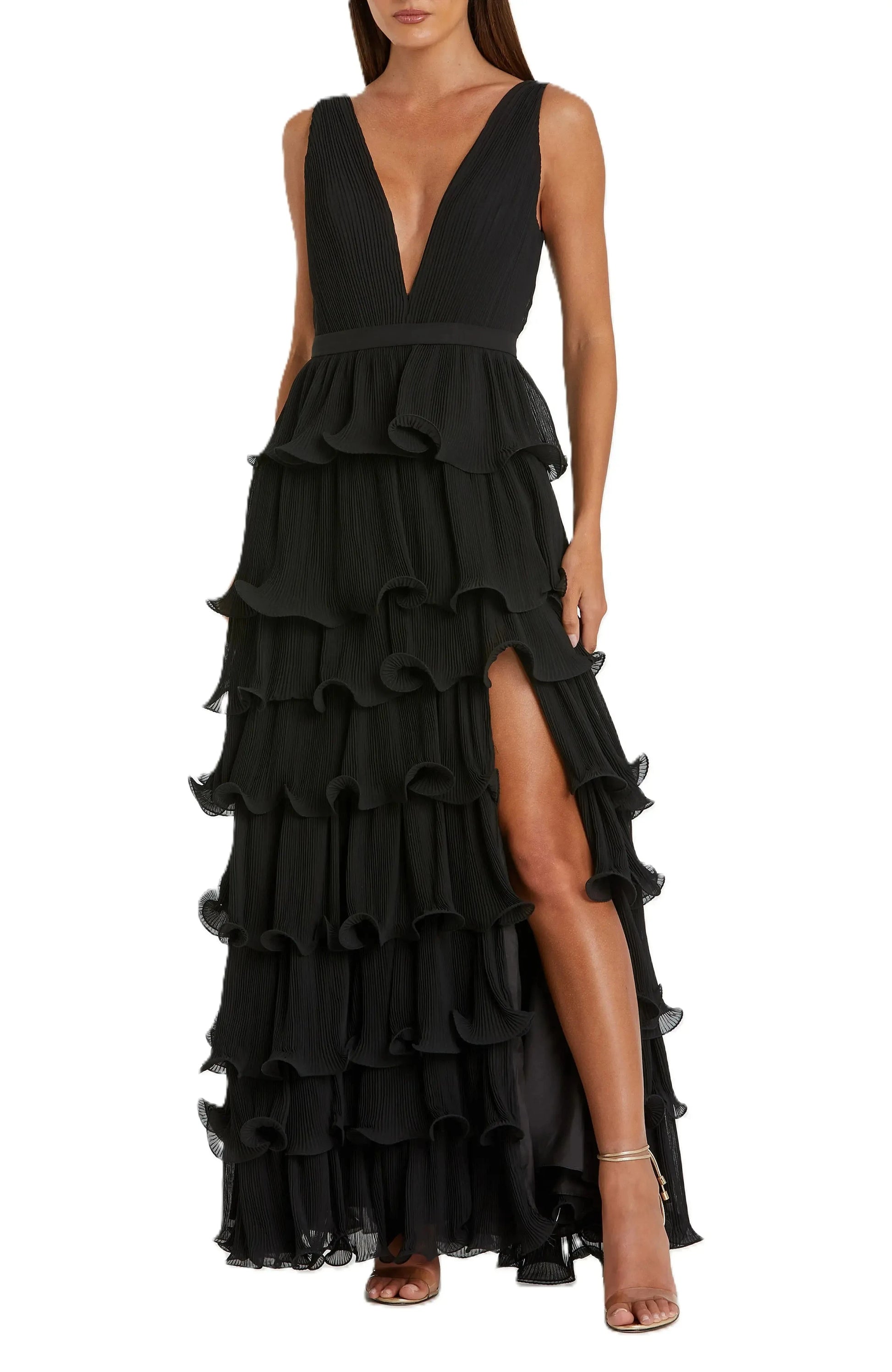 Pleated Tiered Deep V Neck Sleeveless Plunging Back Floor Length For Adults Evening Dress by YiHuiw