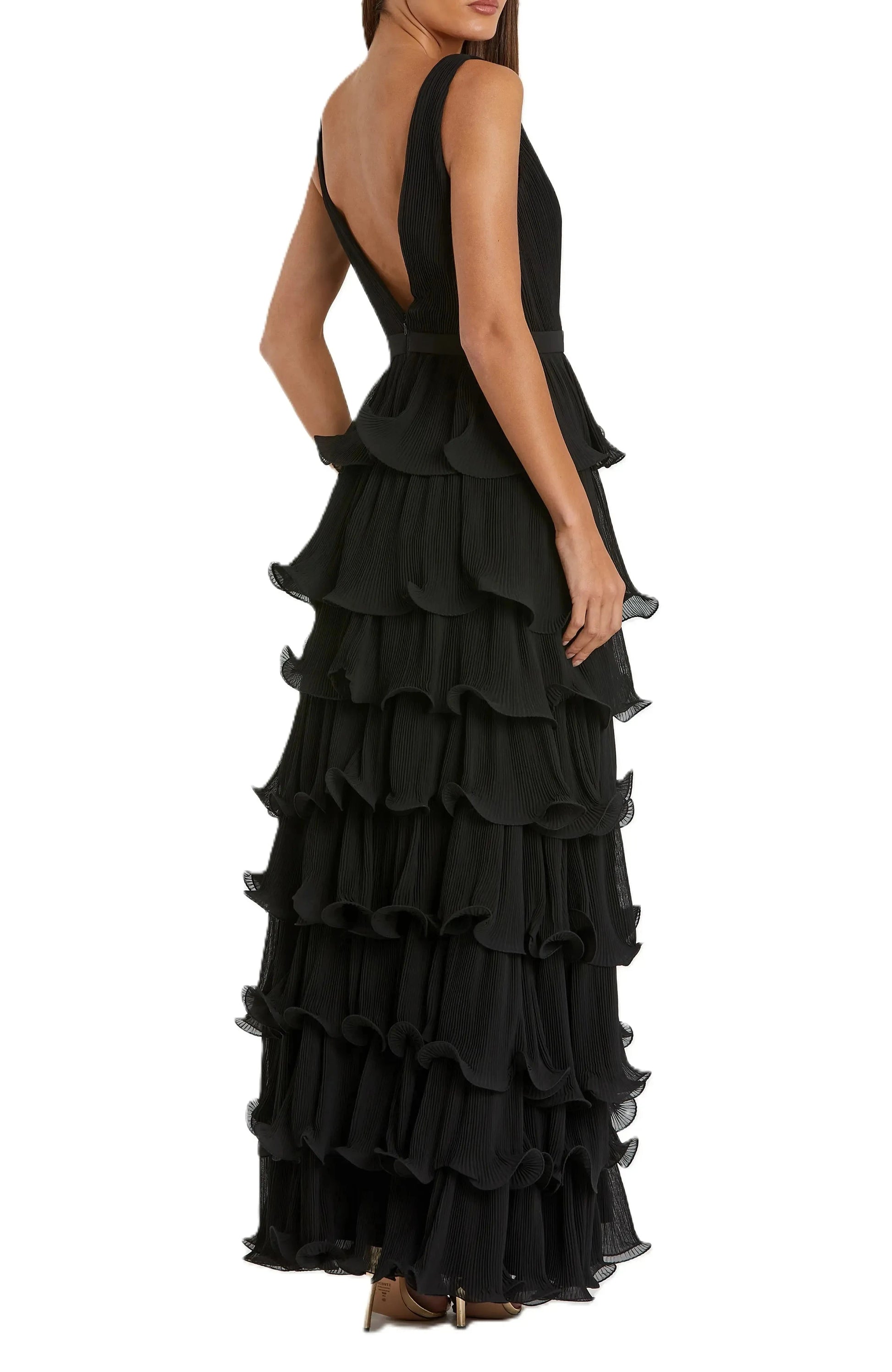 Pleated Tiered Deep V Neck Sleeveless Plunging Back Floor Length For Adults Evening Dress by YiHuiw