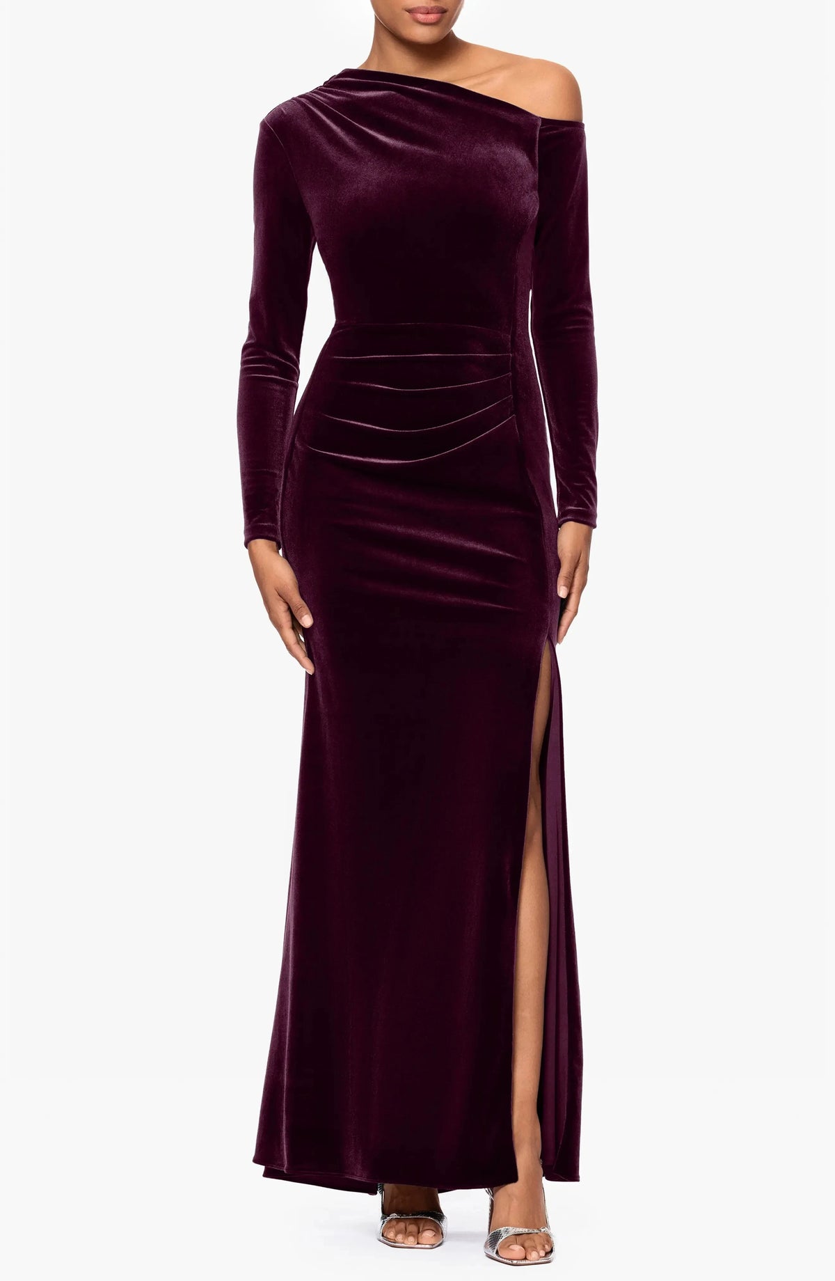 Pleated Waist Trumpet One Shoulder Long Sleeve Straight Back Floor Length For Ladies Evening Dress by YiHuiw