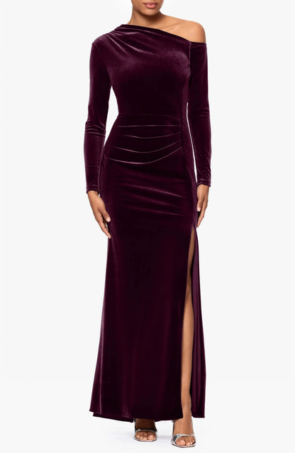 Pleated Waist Trumpet One Shoulder Long Sleeve Straight Back Floor Length For Ladies Evening Dress by YiHuiw