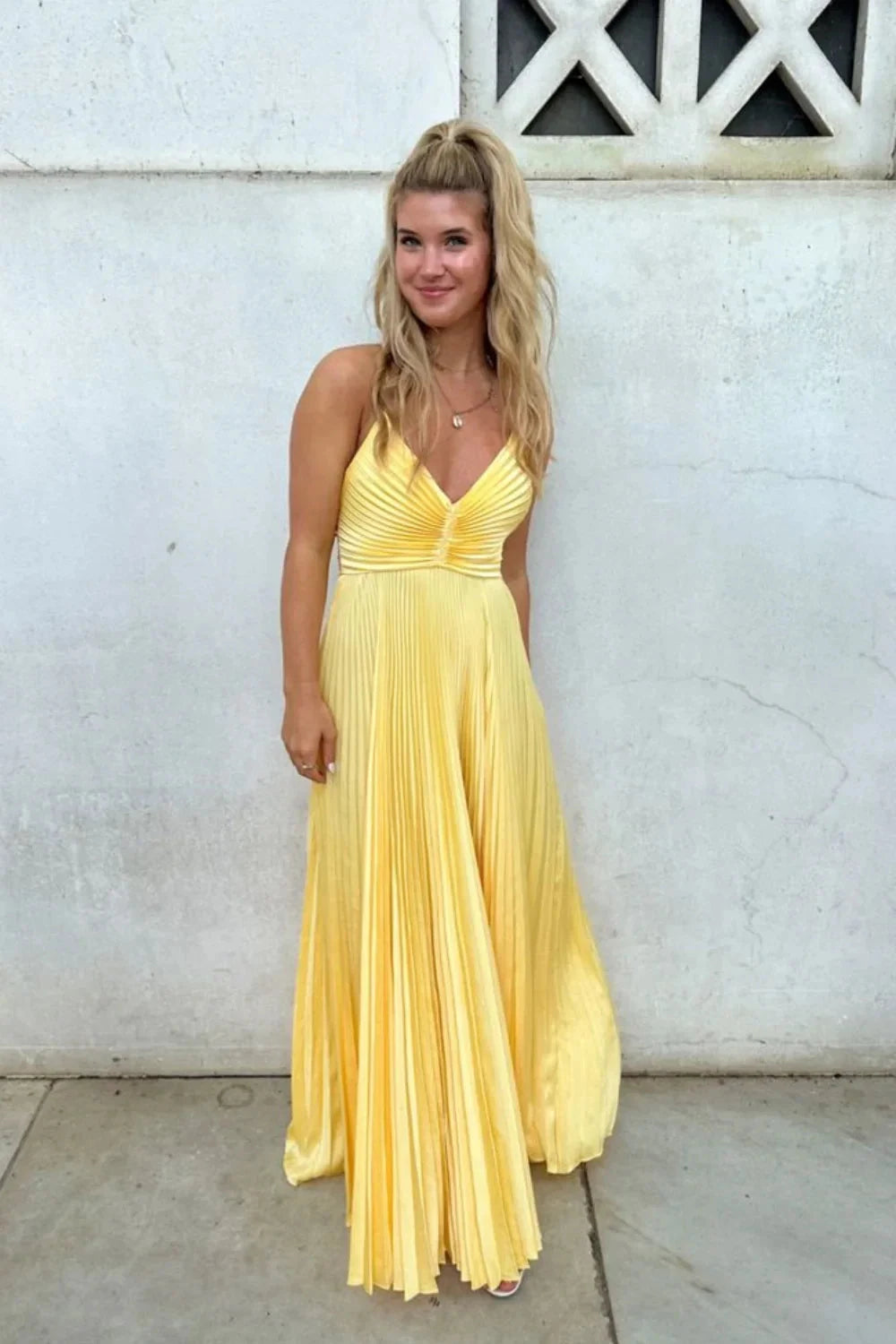 Pleated Satin Prom Dress with V-Neck, Crisscross Back, Bow Detail & A-Line Silhouette by JiMiss Dresses