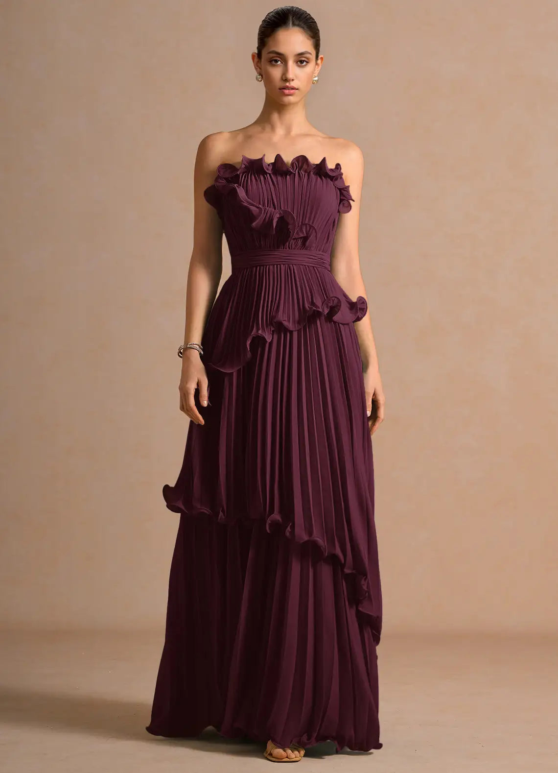 Plum Strapless Ruffled Floor-Length Wedding Dress - Yihuiw by Yihuiw
