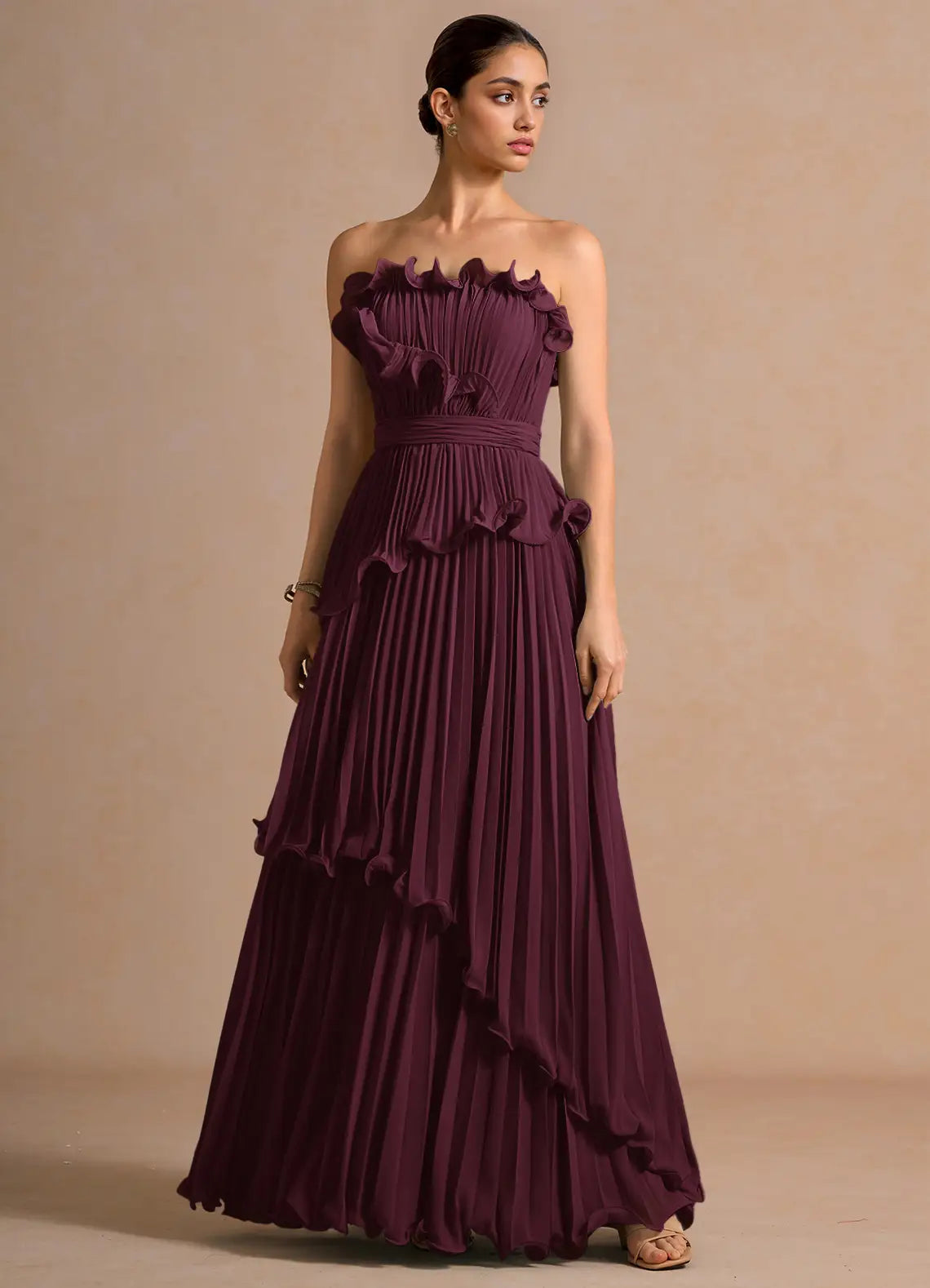 Plum Strapless Ruffled Floor-Length Wedding Dress - Yihuiw by Yihuiw