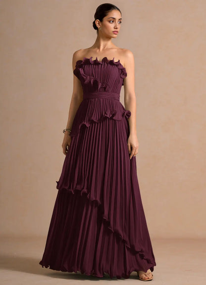Plum Strapless Ruffled Floor-Length Wedding Dress - Yihuiw by Yihuiw