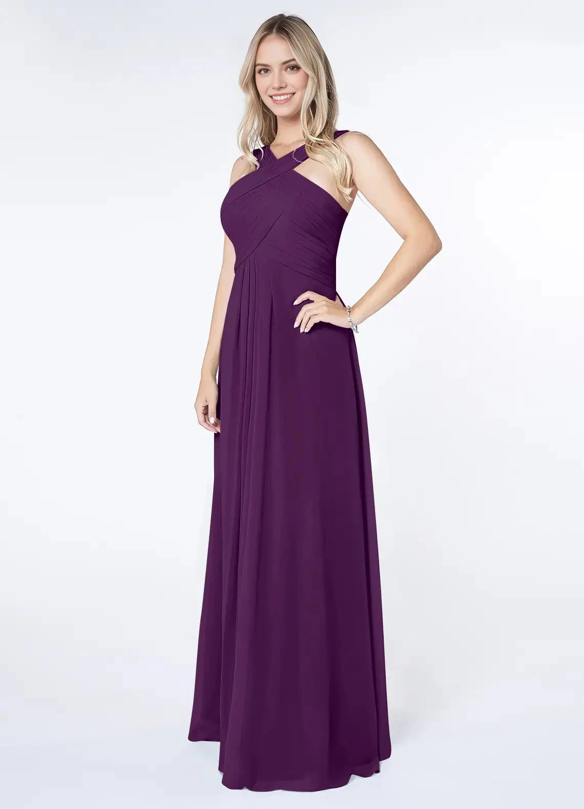 Plum Purple Crisscross Neck Evening Gown A-Line Pleated Chiffon Dress Bridesmaid Dresses by YiHuiw