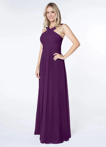 Plum Purple Crisscross Neck Evening Gown A-Line Pleated Chiffon Dress Bridesmaid Dresses by YiHuiw
