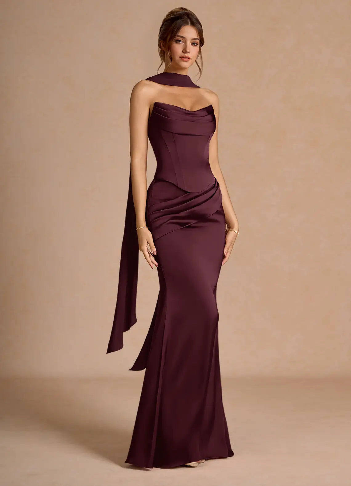 Plum Mermaid Strapless Lace-Up Back Floor-Length Wedding Dress - Yihuiw by Yihuiw