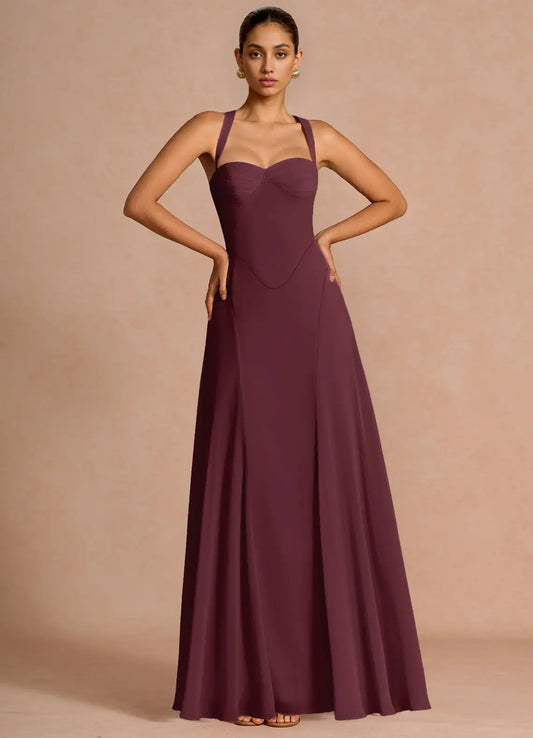Plum A-Line Sweetheart Chiffon Lace-Up Back Floor-Length Wedding Dress - Yihuiw by Yihuiw
