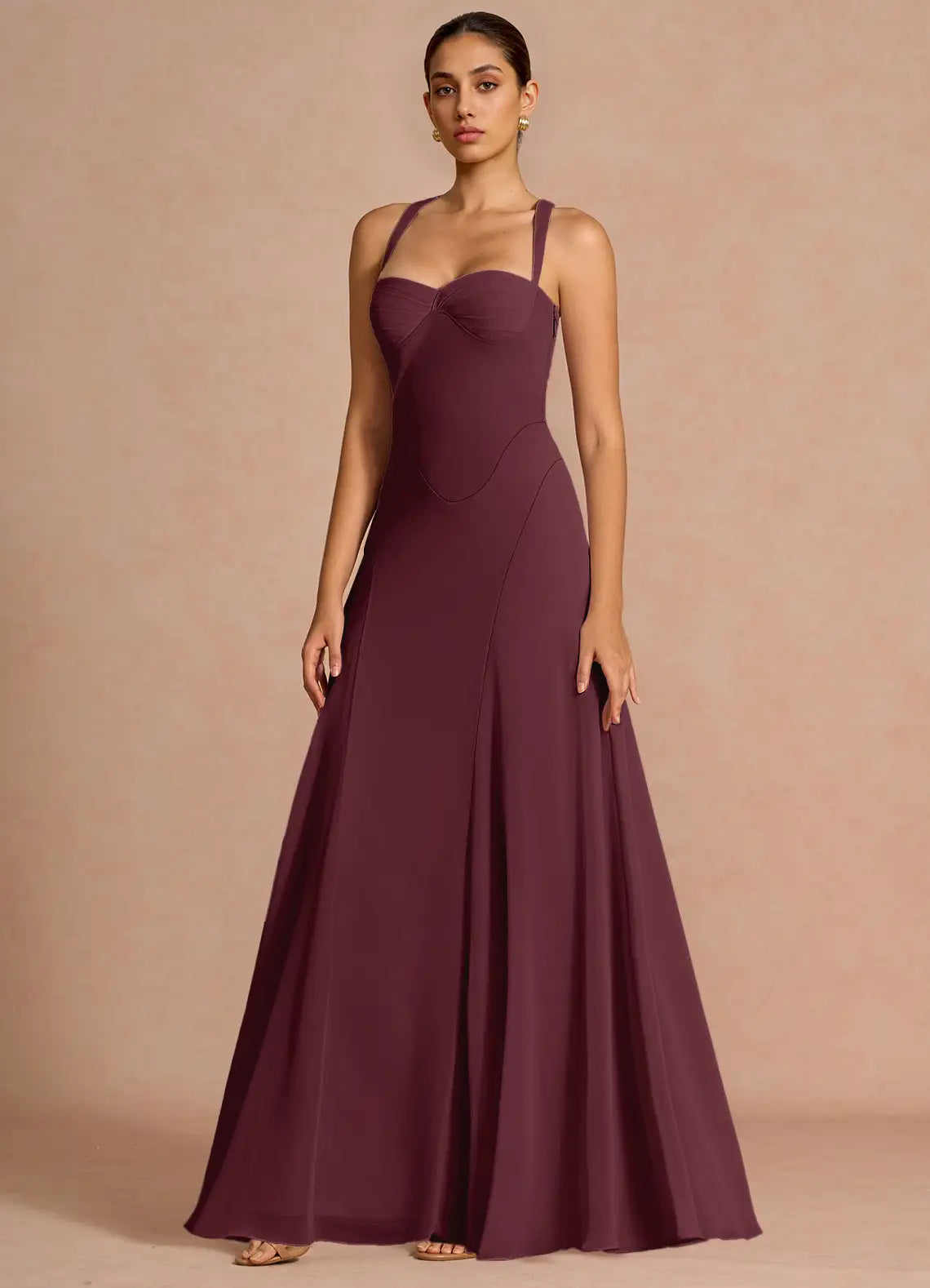 Plum A-Line Sweetheart Chiffon Lace-Up Back Floor-Length Wedding Dress - Yihuiw by Yihuiw