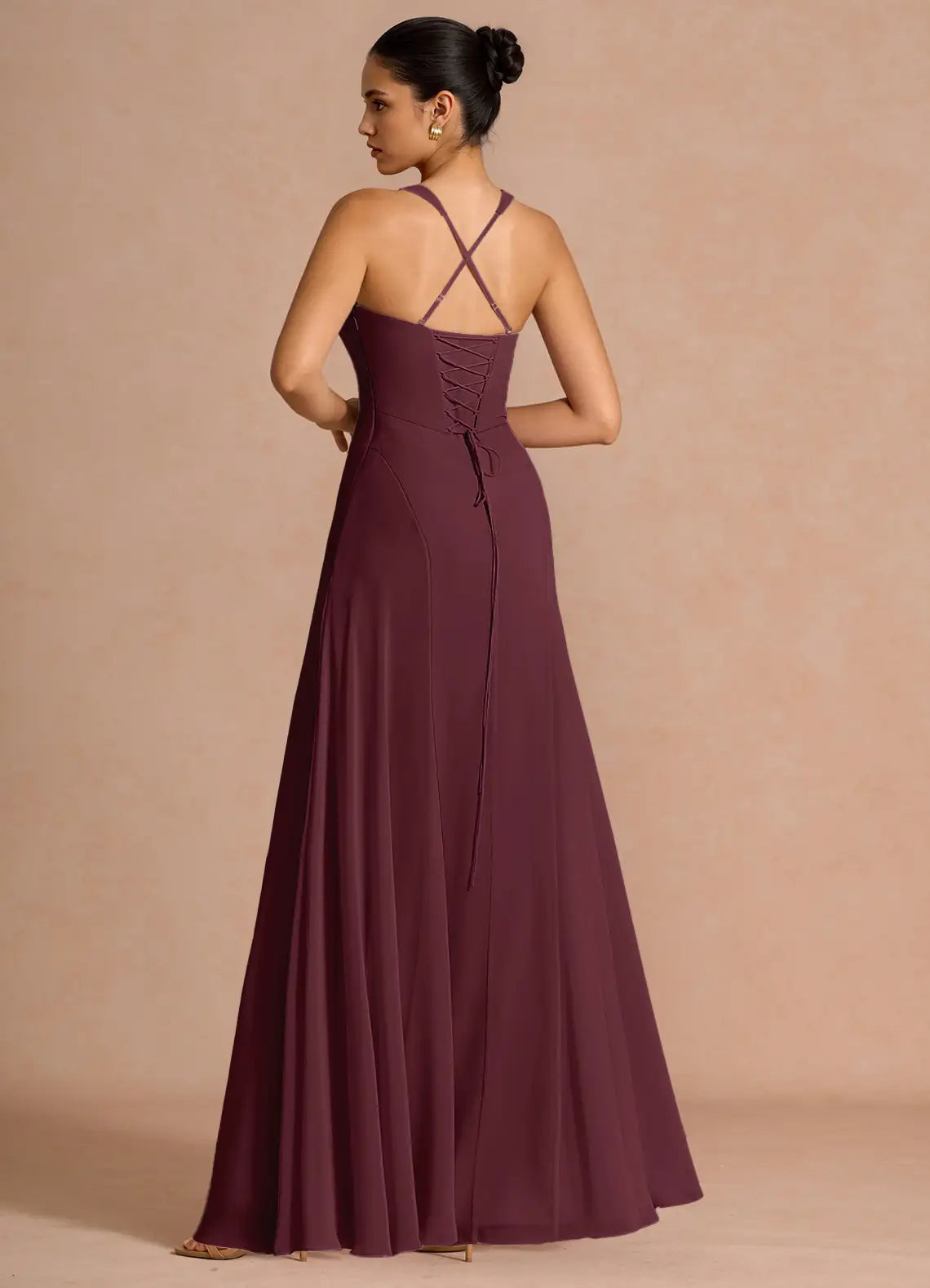 Plum A-Line Sweetheart Chiffon Lace-Up Back Floor-Length Wedding Dress - Yihuiw by Yihuiw