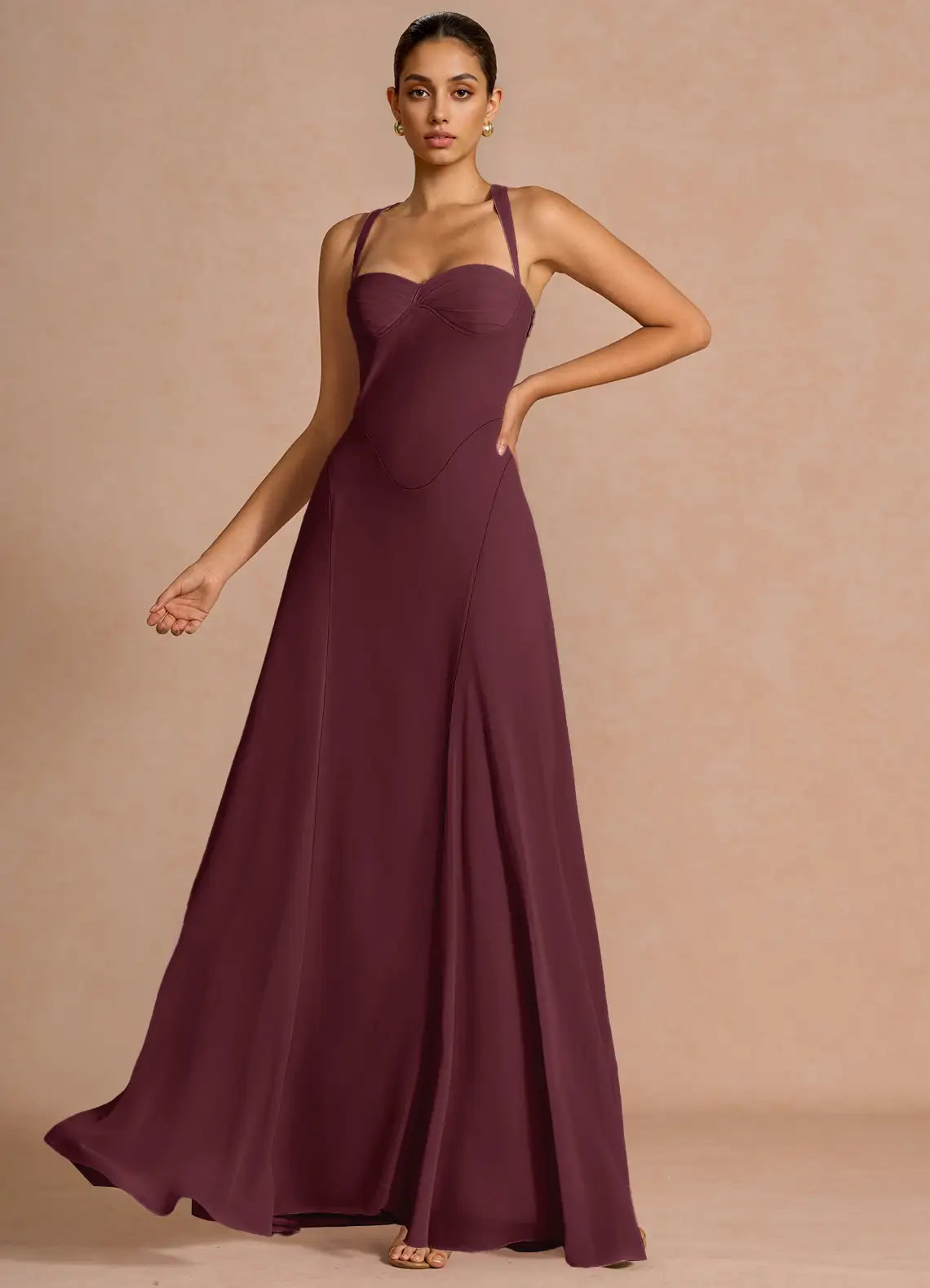 Plum A-Line Sweetheart Chiffon Lace-Up Back Floor-Length Wedding Dress - Yihuiw by Yihuiw
