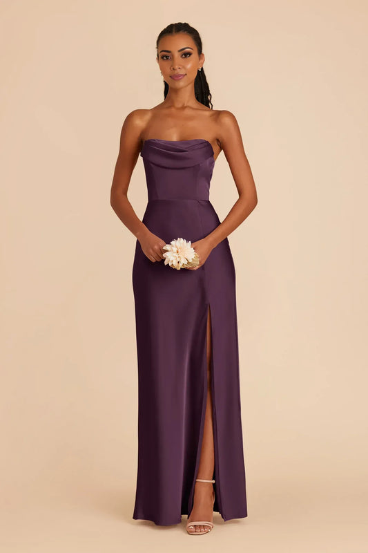 Plum Mermaid Cowl Neck Satin High Slit Wedding Dress - Yihuiw by Yihuiw