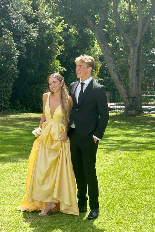 Deep V-Neck Satin Ball Gown Prom Dress with Pockets and Open Back by JiMiss Dresses