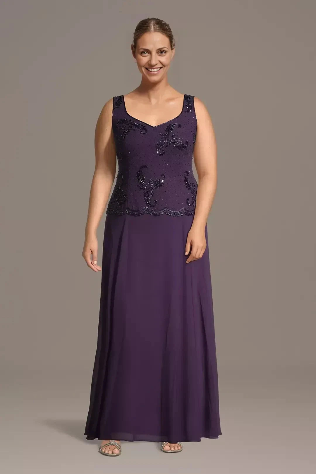 Plus Size Dazzling A Line Scoop Neck Cape Sleeve Beaded Back Floor Length Mother of the Bride Dress by YiHuiw