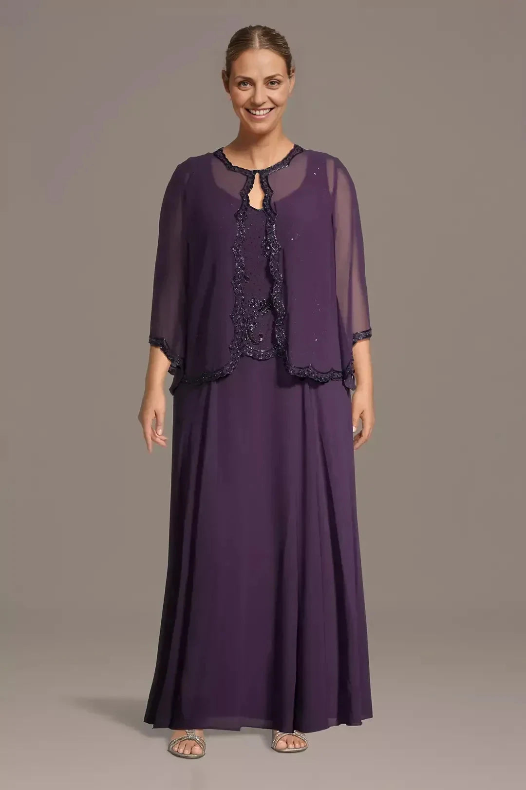 Plus Size Dazzling A Line Scoop Neck Cape Sleeve Beaded Back Floor Length Mother of the Bride Dress by YiHuiw