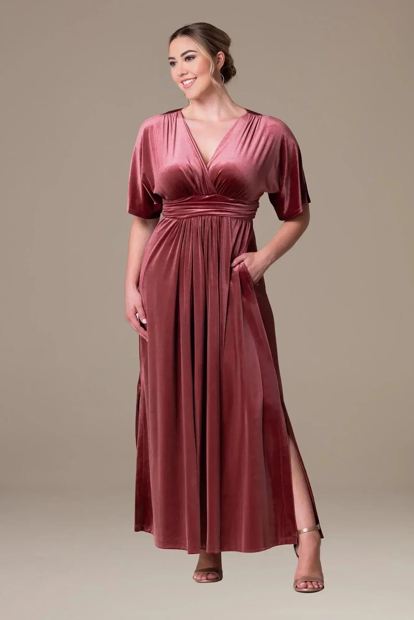 Plus Size Elegant A Line V Neck Short Sleeve Plain Back Floor Length Mother of the Bride Dress by YiHuiw