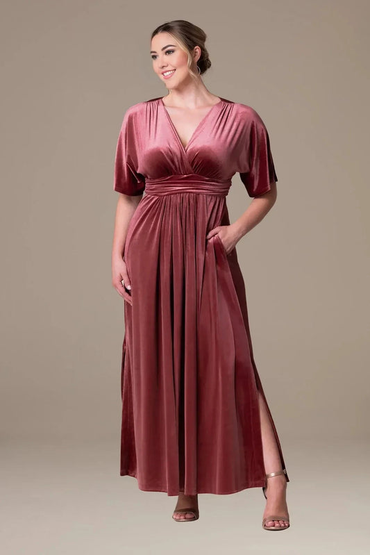 Plus Size Elegant A Line V Neck Short Sleeve Plain Back Floor Length Mother of the Bride Dress by YiHuiw