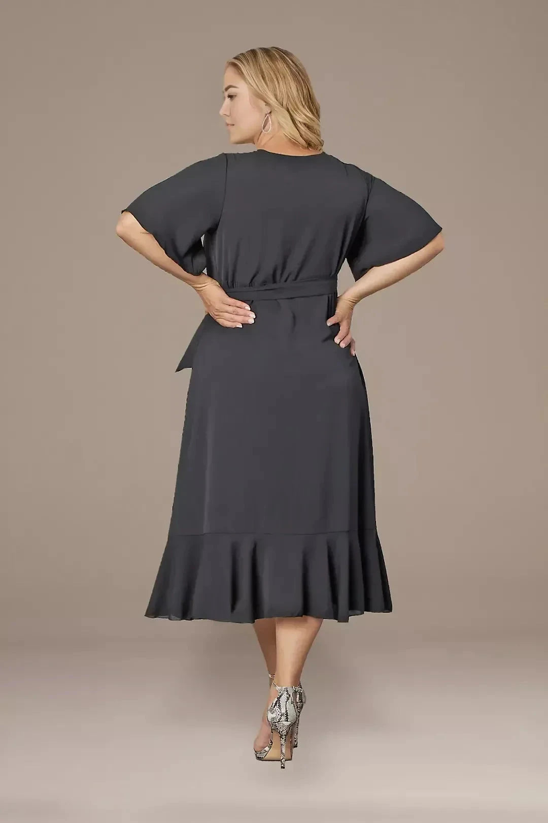 Plus Size Elegant Wrap V Neck Flutter Sleeve Plain Back Midi Length Mother of the Bride Dress by YiHuiw