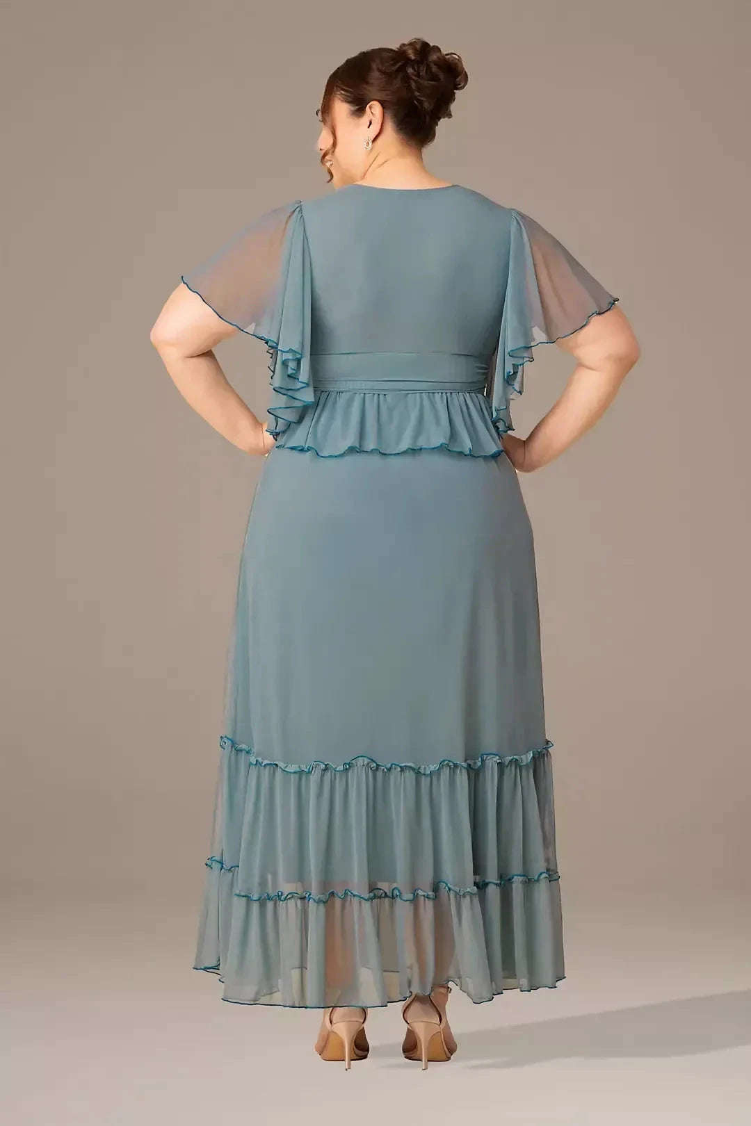 Plus Size Enchanting A Line V Neck Flutter Sleeve Plain Back Floor Length Mother of the Bride Dress by YiHuiw