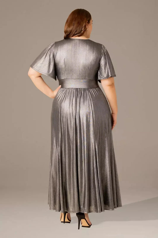 Plus Size Glistening A Line V Neck Flutter Sleeve Plain Back Floor Length Mother of the Bride Dress by YiHuiw