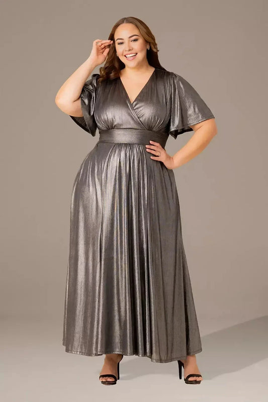 Plus Size Glistening A Line V Neck Flutter Sleeve Plain Back Floor Length Mother of the Bride Dress by YiHuiw