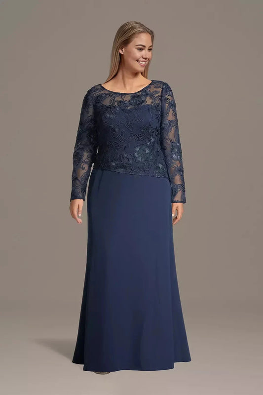 Plus Size Gorgeous A Line Scoop Neck Long Sleeve Lace Back Floor Length Mother of the Bride Dress by YiHuiw