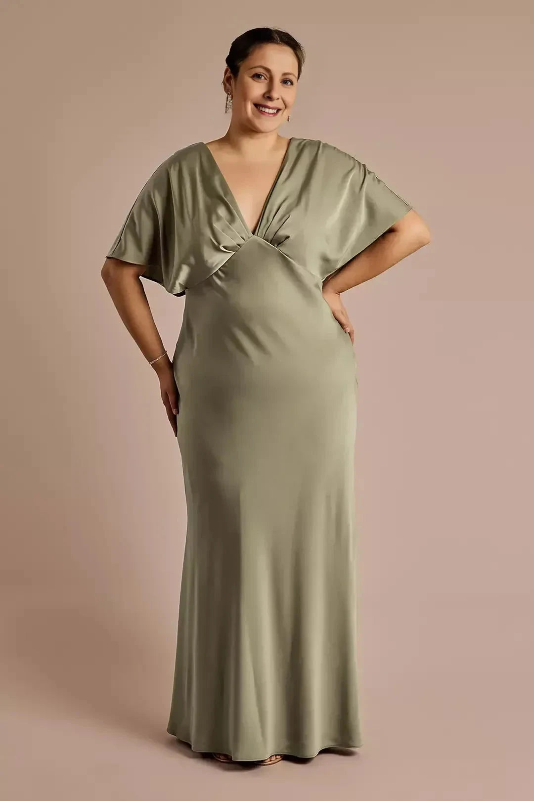 Plus Size Graceful A Line V Neck Dolman Sleeve Ruched Back Floor Length Mother of the Bride Dress by YiHuiw