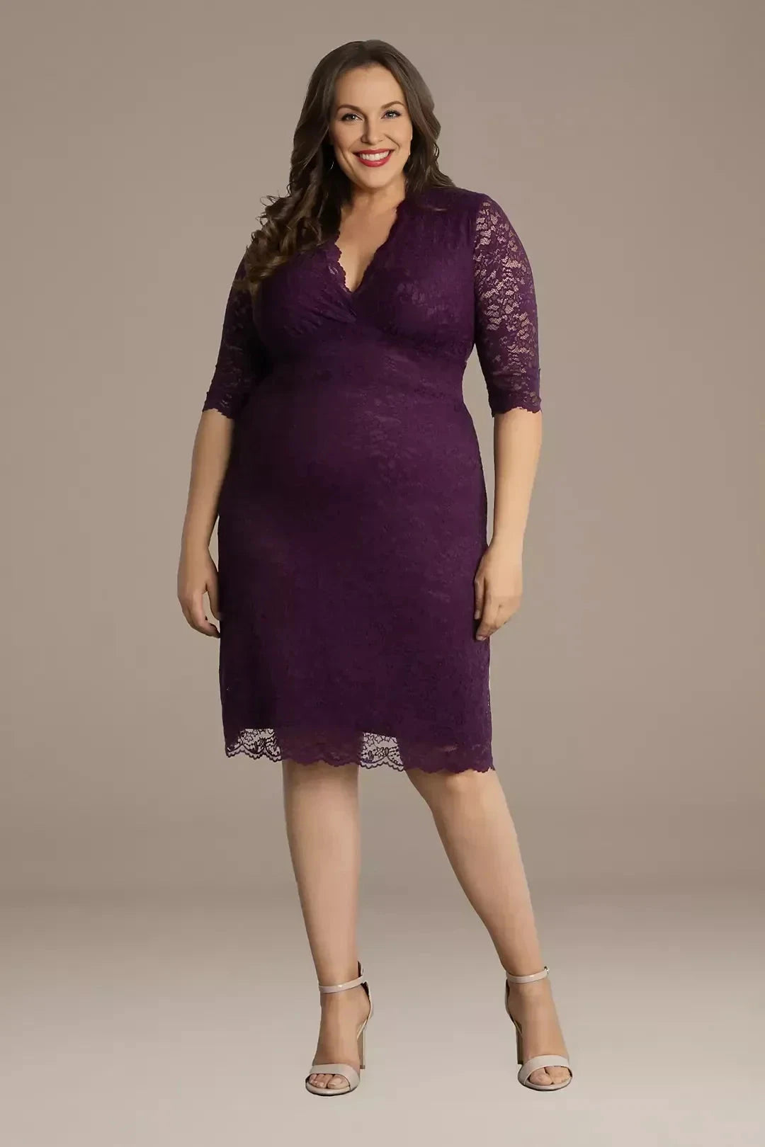 Plus Size Graceful Sheath V Neck Three Quarter Sleeve Lace Back Midi Length Mother of the Bride Dress by YiHuiw