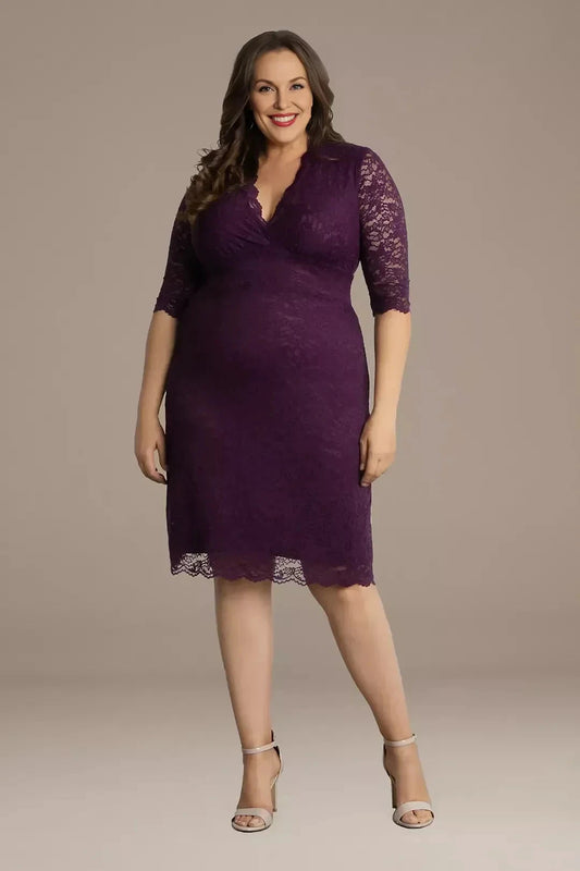 Plus Size Graceful Sheath V Neck Three Quarter Sleeve Lace Back Midi Length Mother of the Bride Dress by YiHuiw