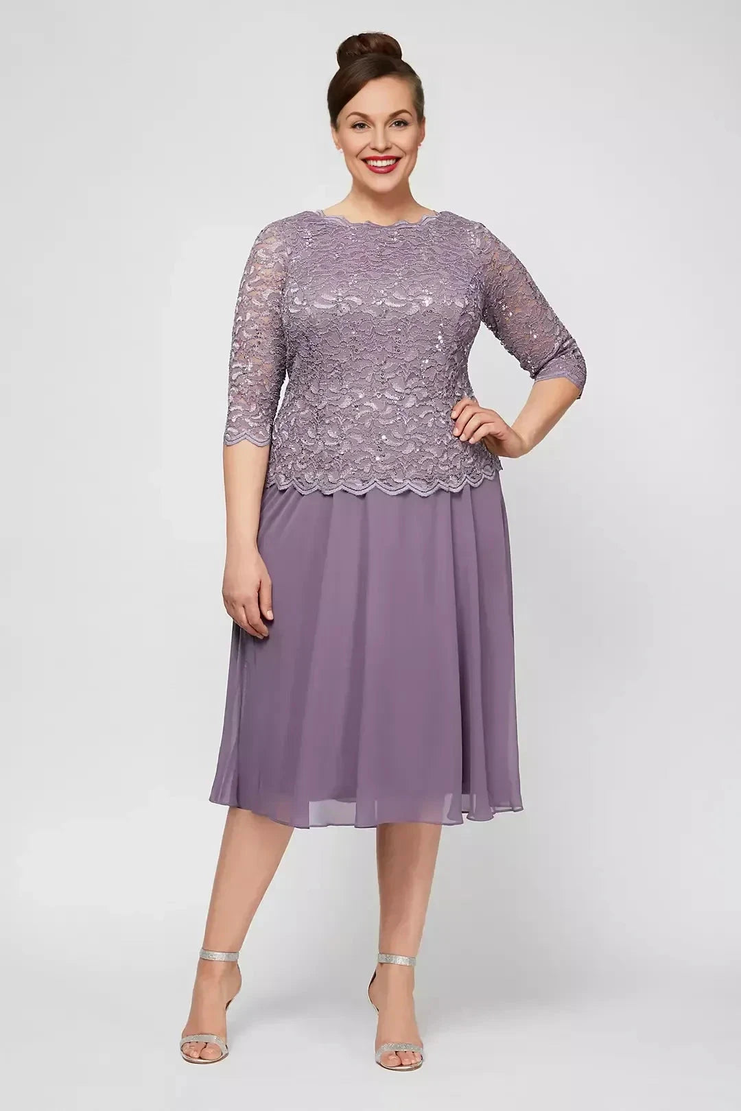 Plus Size Graceful Two Piece Crew Neck Three Quarter Sleeve Lace Back Midi Length Mother of the Bride Dress by YiHuiw
