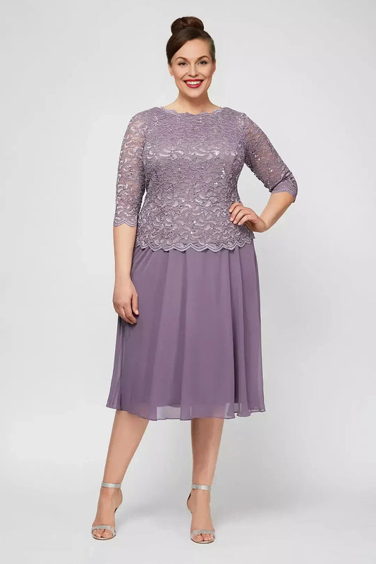 Plus Size Graceful Two Piece Crew Neck Three Quarter Sleeve Lace Back Midi Length Mother of the Bride Dress by YiHuiw