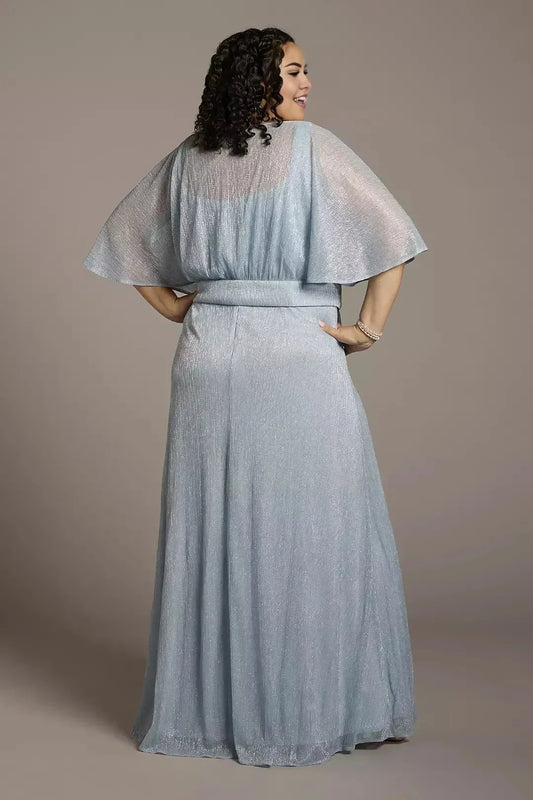 Plus Size Lovely A Line V Neck Flutter Sleeve Belted Back Floor Length Mother of the Bride Dress by YiHuiw