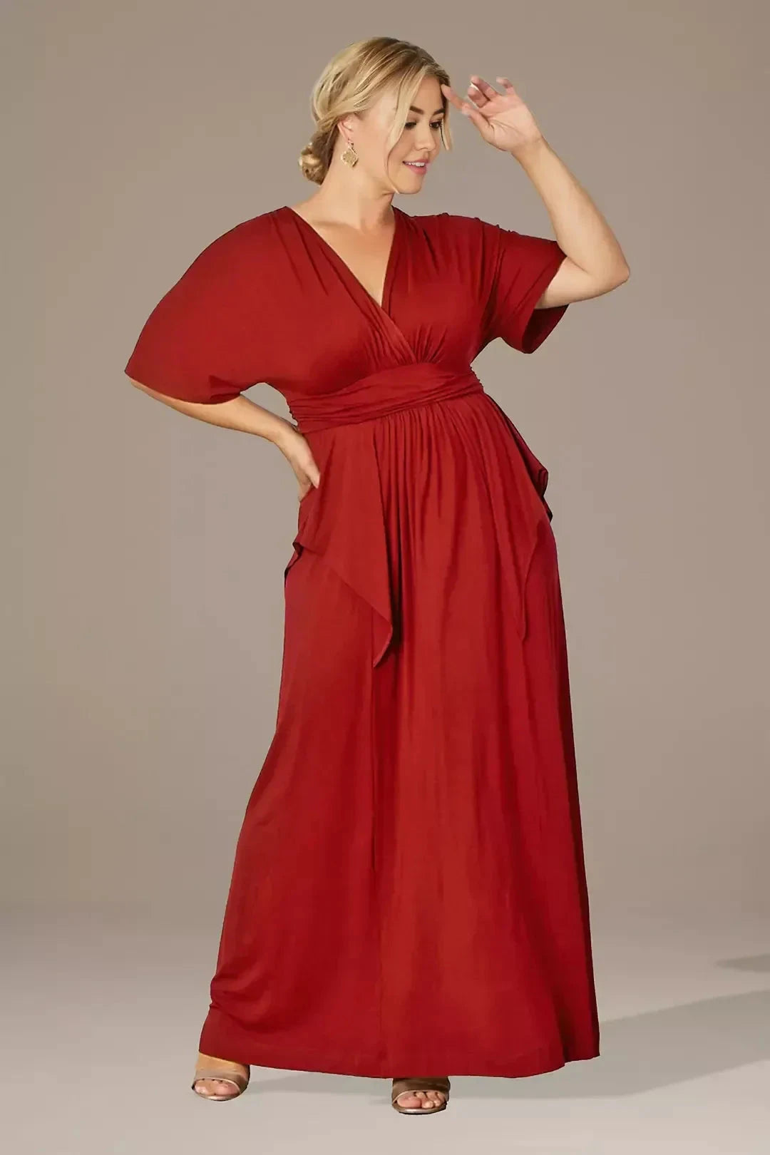 Plus Size Lovely A Line V Neck Flutter Sleeve Plain Back Floor Length Mother of the Bride Dress by YiHuiw