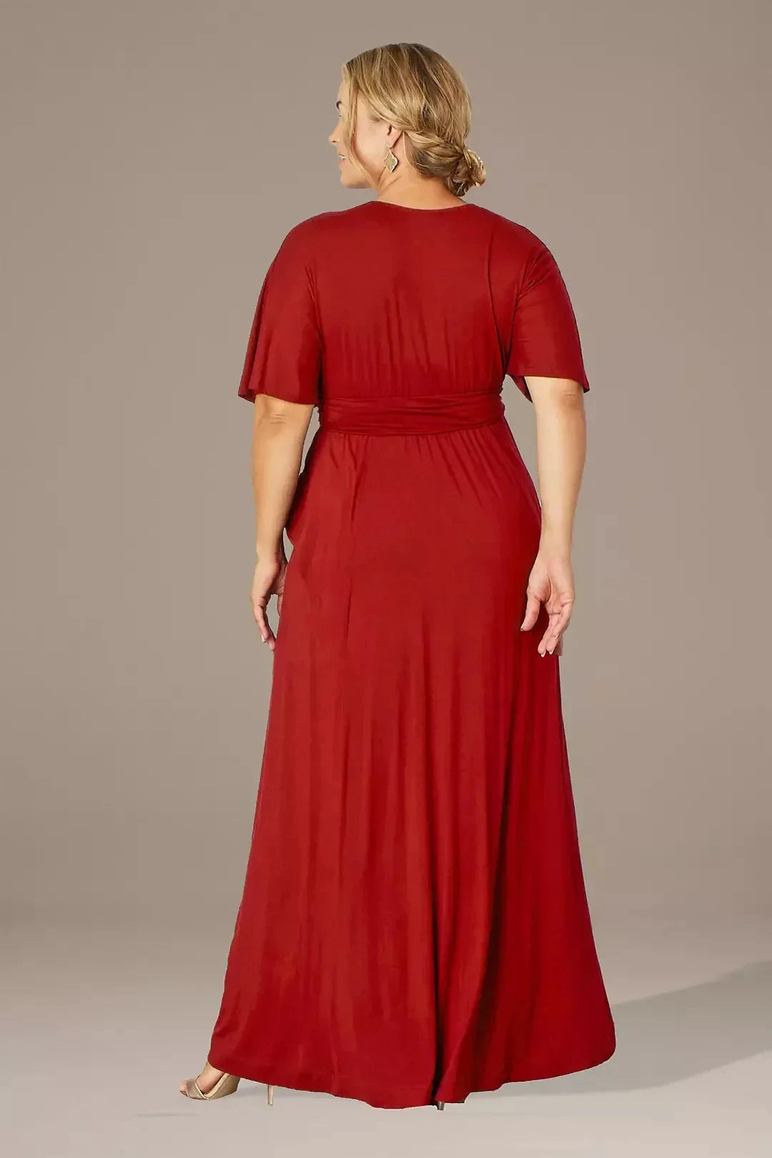 Plus Size Lovely A Line V Neck Flutter Sleeve Plain Back Floor Length Mother of the Bride Dress by YiHuiw