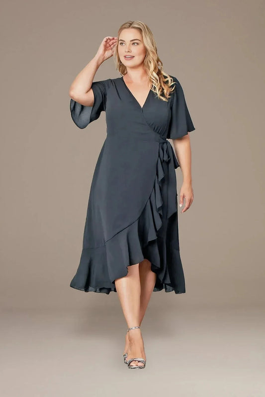 Plus Size Polished A Line V Neck Flutter Sleeve Plain Back Midi Length Mother of the Bride Dress by YiHuiw