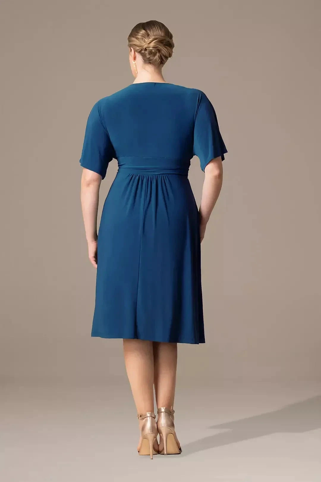Plus Size Polished A Line V Neck Short Sleeve Plain Back Midi Length Mother of the Bride Dress by YiHuiw