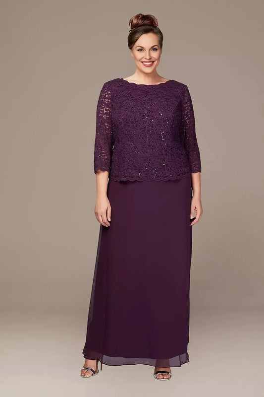 Plus Size Polished Two Piece Boat Neck Three Quarter Sleeve Lace Back Floor Length Mother of the Bride Dress by YiHuiw