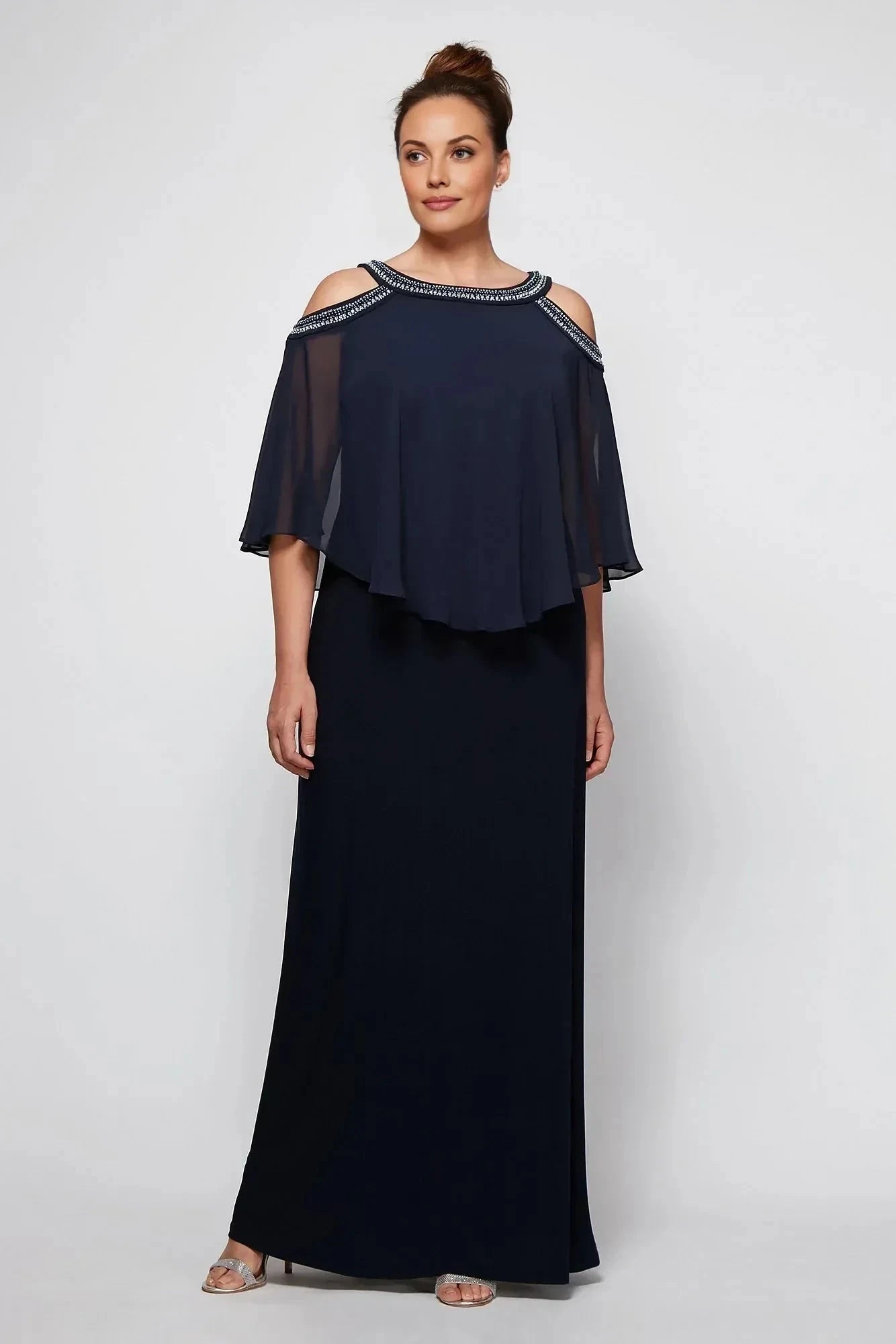 Plus Size Regal A Line Cold Shoulder Cape Sleeve Beaded Back Floor Length Mother of the Bride Dress by YiHuiw