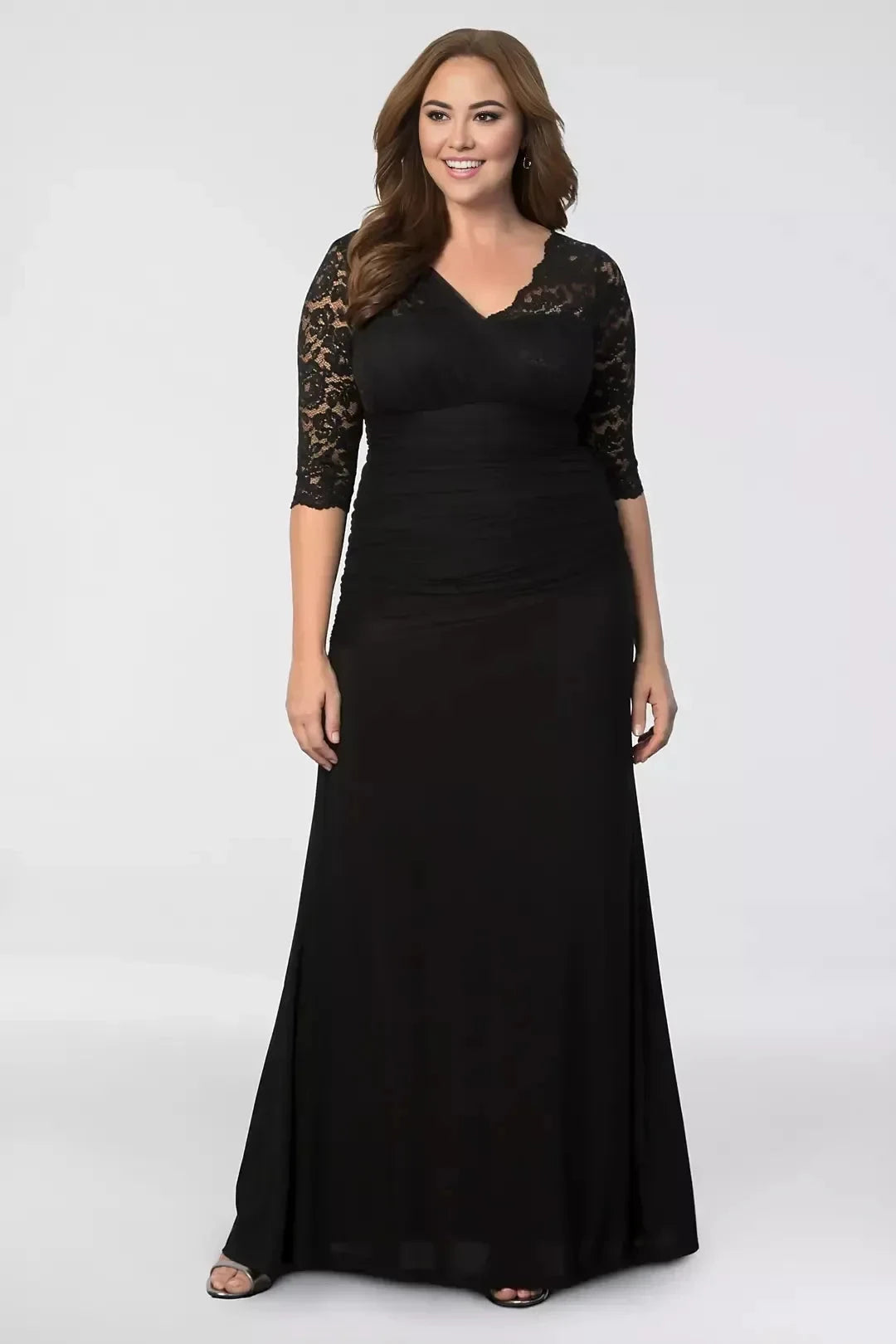 Plus Size Regal Mermaid V Neck Three Quarter Sleeve Lace Back Floor Length Mother of the Bride Dress by YiHuiw