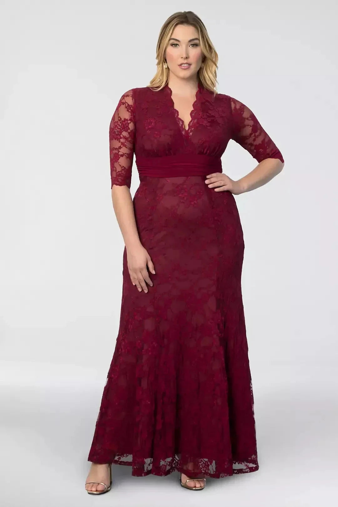 Plus Size Regal Mermaid V Neck Three Quarter Sleeve Lace Back Floor Length Mother of the Bride Dress by YiHuiw