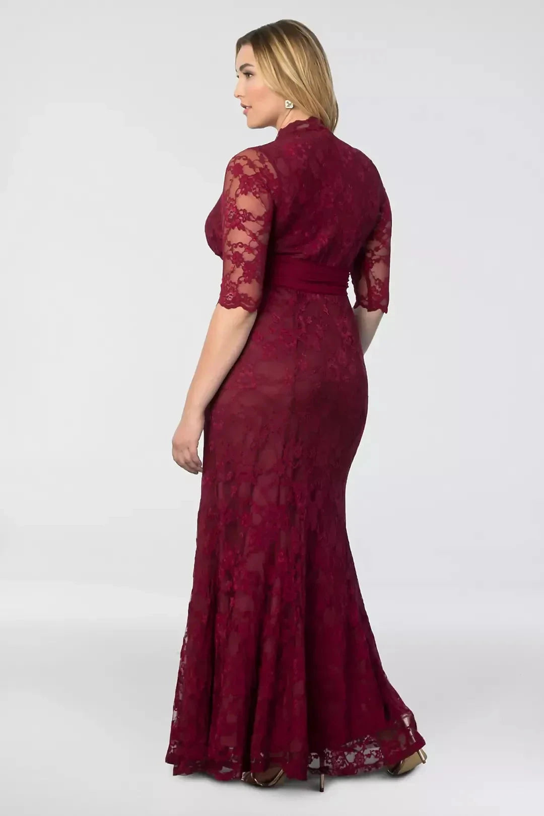 Plus Size Regal Mermaid V Neck Three Quarter Sleeve Lace Back Floor Length Mother of the Bride Dress by YiHuiw