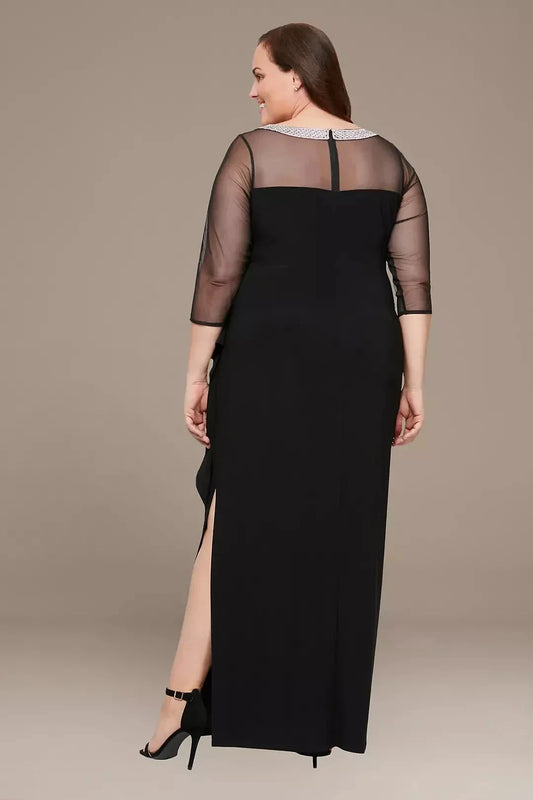 Plus Size Regal Sheath Illusion Neck Three Quarter Sleeve Beaded Back Floor Length Mother of the Bride Dress by YiHuiw