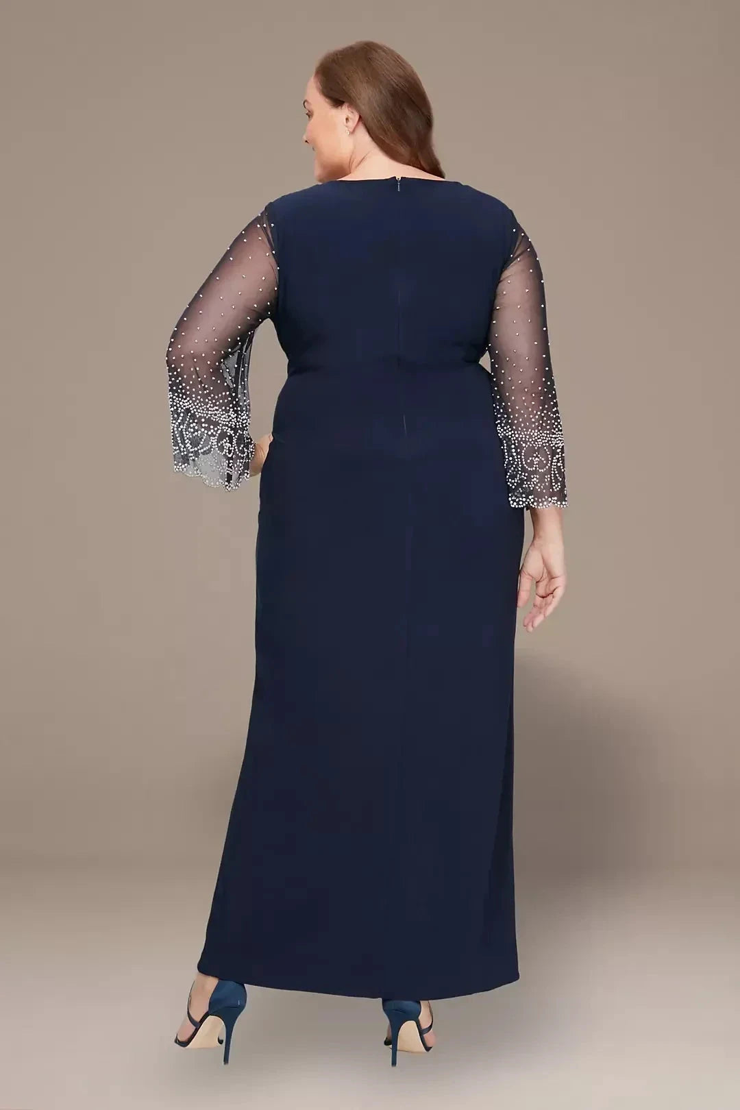 Plus Size Regal Sheath V Neck Beaded Illusion Sleeve Zipper Back Floor Length Mother of the Bride Dress by YiHuiw