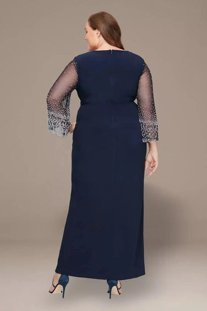 Plus Size Regal Sheath V Neck Beaded Illusion Sleeve Zipper Back Floor Length Mother of the Bride Dress by YiHuiw