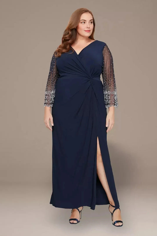 Plus Size Regal Sheath V Neck Beaded Illusion Sleeve Zipper Back Floor Length Mother of the Bride Dress by YiHuiw